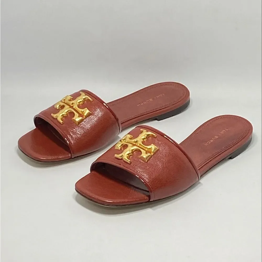 Tory Burch Elanor Leather Logo Slides size 6.5
